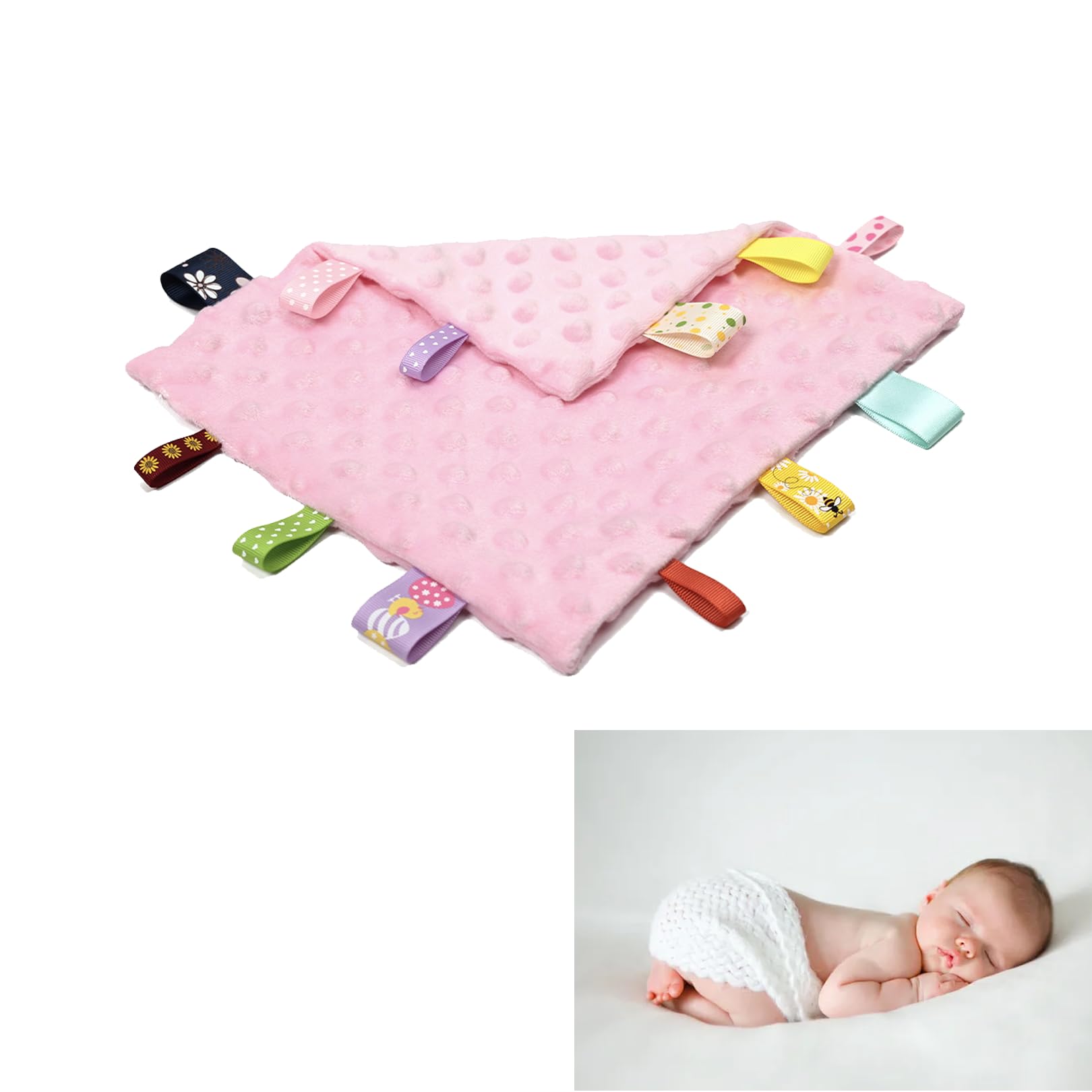 Erchuth Men's Pink Taggy Blanket, Cotton Taggie For Babies Baby Security Blanket Comforter Cloth With Tag,Touch Soothing Soft Breathable Senses With Colorful Satin Ribbon Tag For Newborn Boy Girl Infant Gift,Comfort