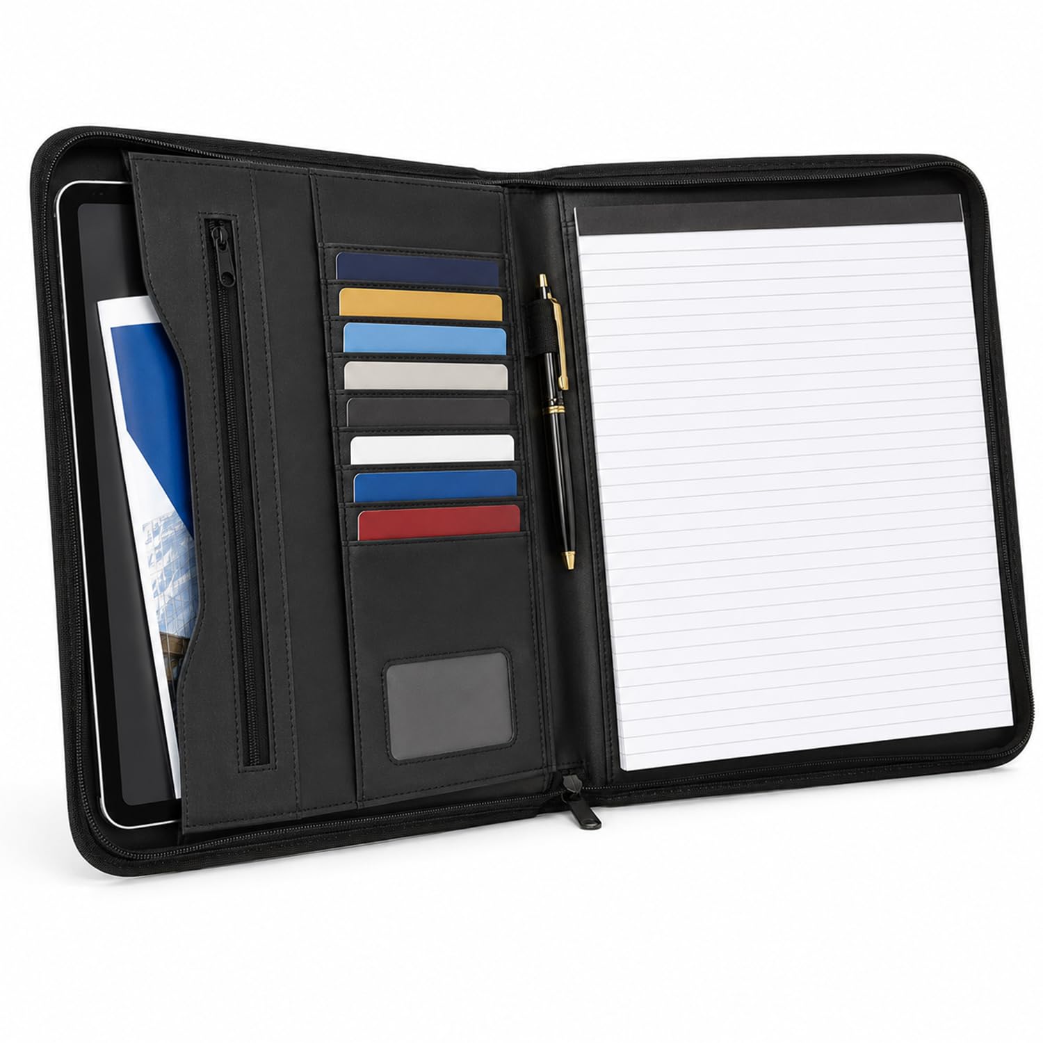 Thrink A4 Business Portfolio Folder, Zipped Faux Leather Conference Padfolio with Notepad Holder, Multiple Card Slots, ID Window, Pen Loop and Document Storage