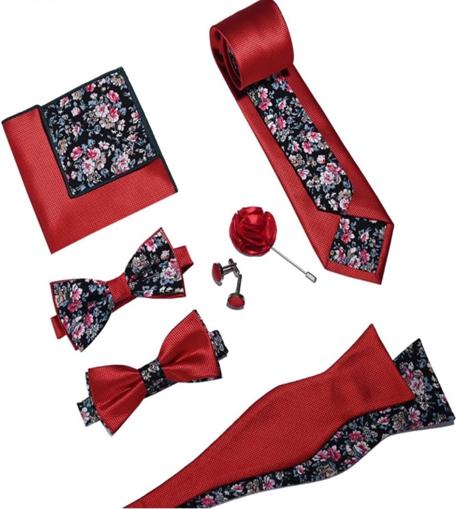 Suit-Style Floral Gift Set,Men's Tie, Tie, Floral Cufflinks, Square Scarf, 7-Piece Set,(A)