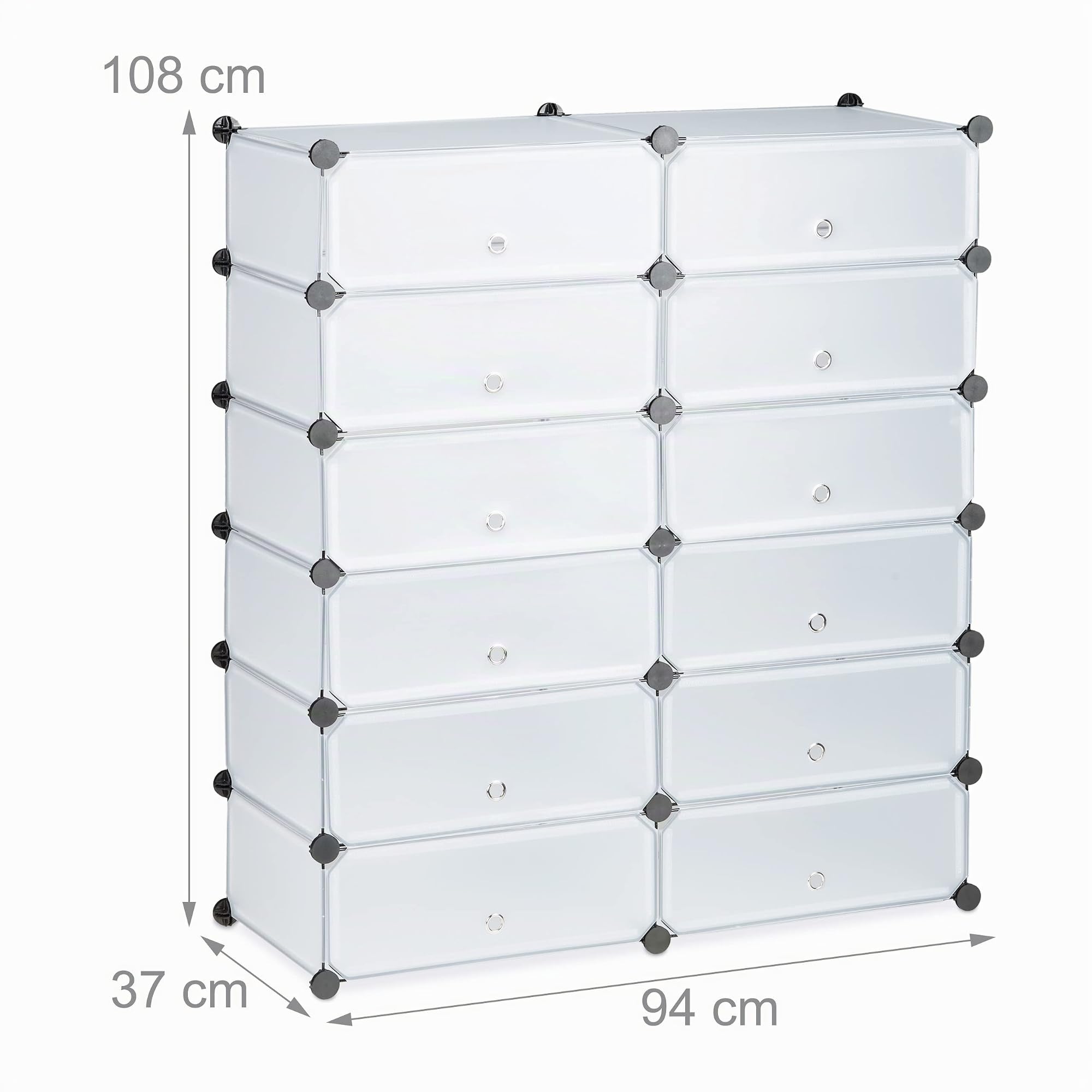 Relaxdays Mueble Zapatero XXL, Estantería Modular Zapatos de Plástico, 12 Cajones y Puertas, 108x94x37 cm, Transparente