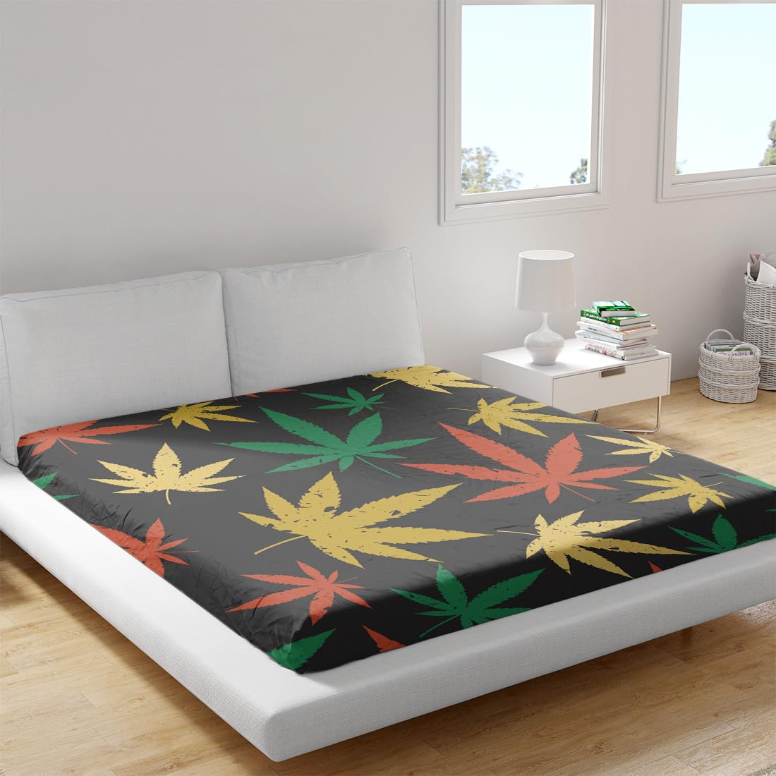 Amazon｜VISALUNA ボックスシーツクイーンレトロスタイルの大麻の葉