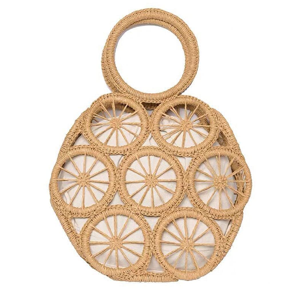 Straw Woven Handbag Rattan Round Bag Top-handle Hollow Bags Retro Beach Wicker Bag Trendy Photo Props