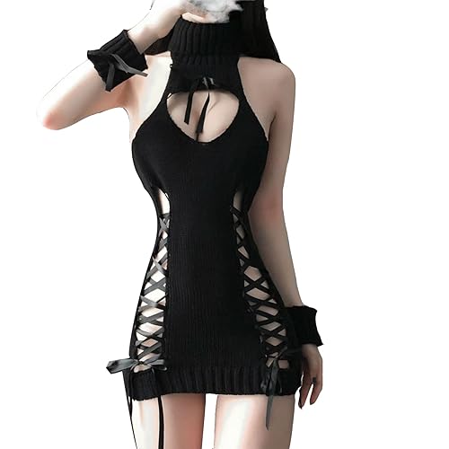 YOMORIO Womens Anime Virgin Killer Sweater Japanese Turtleneck Knitted Underwear Backless Pullover - Black