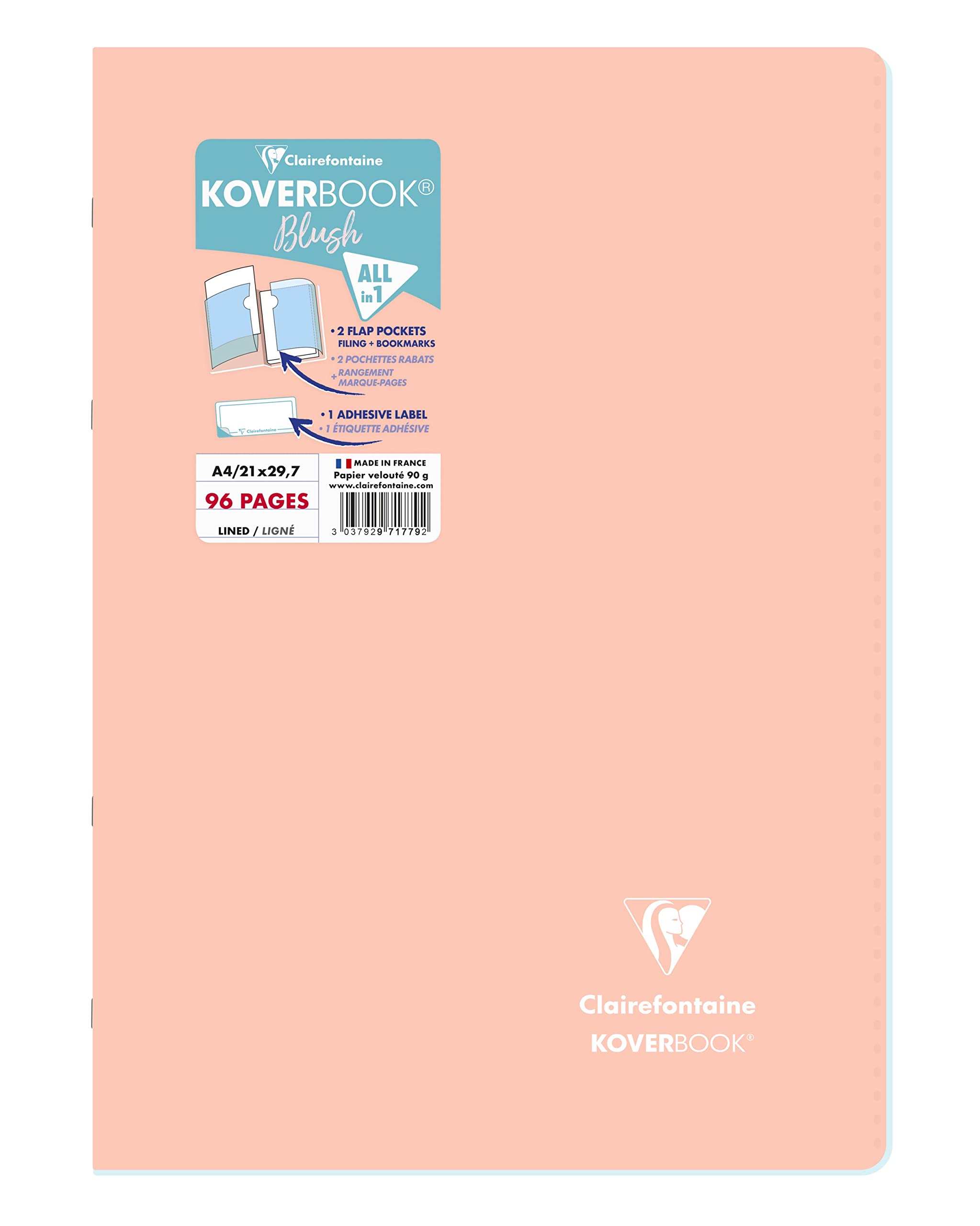 Clairefontaine 971779C - One Stapled Notebook Koverbook Blush Coral - Dimensions: A4 21x29,7 cm - 96 Lined Pages - White Paper 90 g - Opaque Polypro Cover