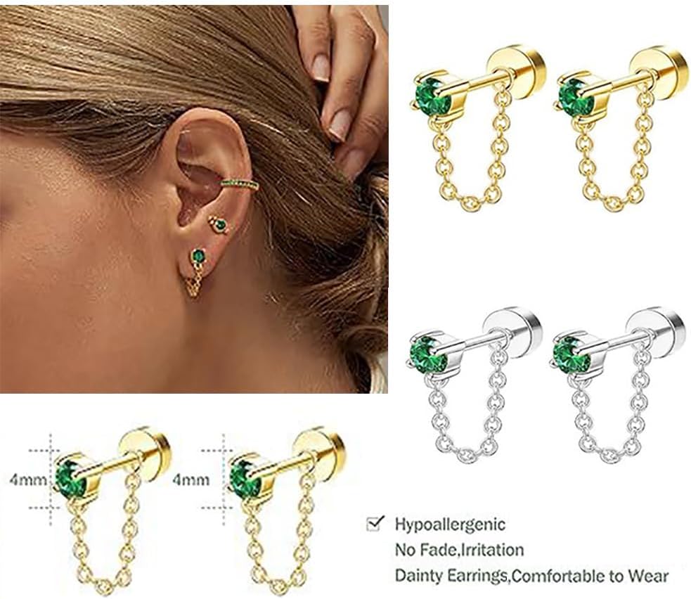 20G Emerald CZ Chain Dangle Cartilage Stud Earrings for Women Stainless Steel Conch Helix Tragus Flat Back Earrings Studs Labret Lip Rings Cartilage Piercing Jewelry - Image 2