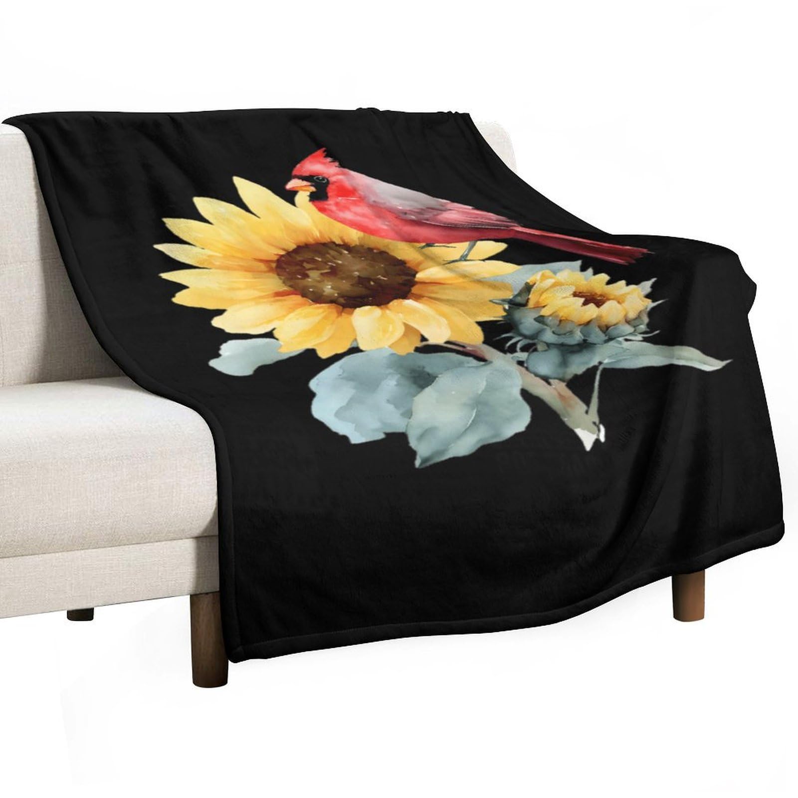 Cgsbngha Style Watercolor Sunflower Cardinal Bird Flannel Fleece Blanket Lightweight Soft Throw Blankets For Sofa Couch Bed Chair