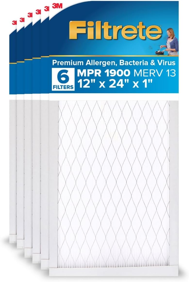 12x24x1 AC Furnace Air Filter, MERV 13, MPR 1900, Premium Allergen, Bacteria & Virus Filter, 3-Month Pleated 1-Inch Electrostatic Air Cleaning Filter, 6-Pack (Actual Size 11.69x23.69x0.78 in)