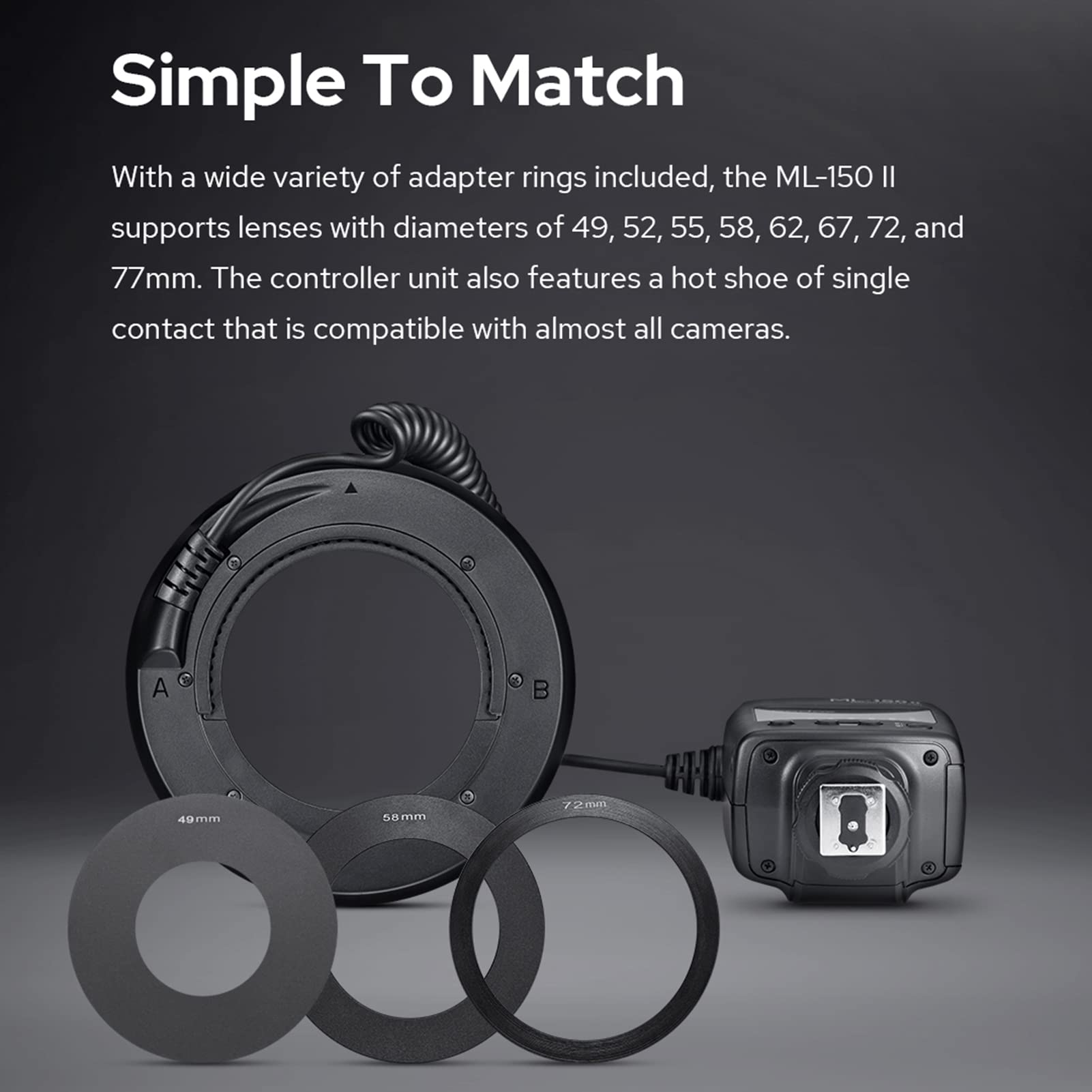 Godox ML-150II Universale Macro Ring Flash Light 11 Livelli Luminosità Regolabile GN12 Riciclo Veloce con 8pcs Anelli Adattatore di Ricambio per Canon Nikon Sony DSLR Camera