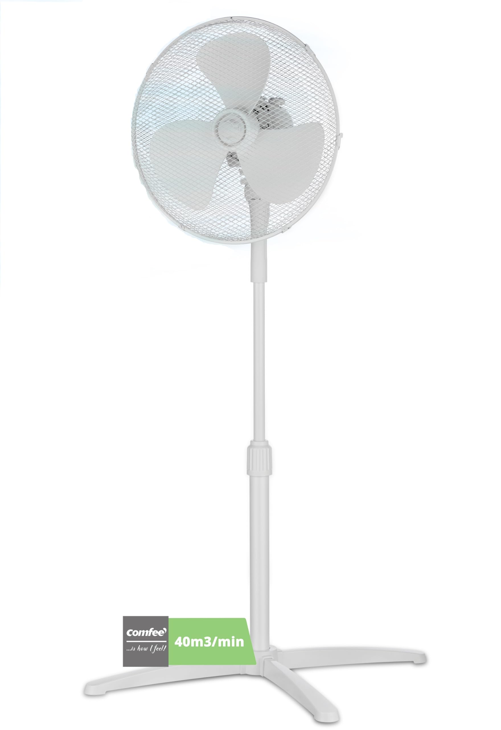COMFEE' CFS40PW00A2 40 W Ventilateur à pied, 3 vitesses réglables, oscillation 90°, hauteur réglable, flux d'air puissant et fonctionnement silencieux, idéal pour la maison et le bureau, blanc