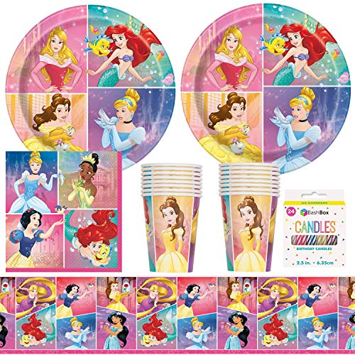 BashBox Disney Princess Birthday Party Supplies Pack Including Plates, Cups, Napkins, Tablecover (16 Guests) Plus BONUS Candles