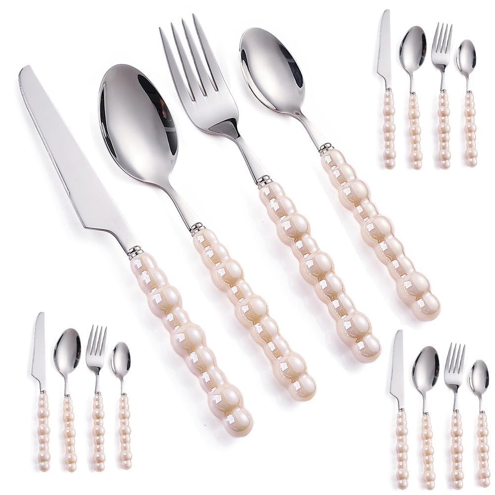 Manico in Ceramica Perlata Cucina Posate in Acciaio Inossidabile Posate Posate Set Creativo Hotel Home Coltello Da Bistecca Cucchiaio Da Dessert (Beige,16 pezzi)