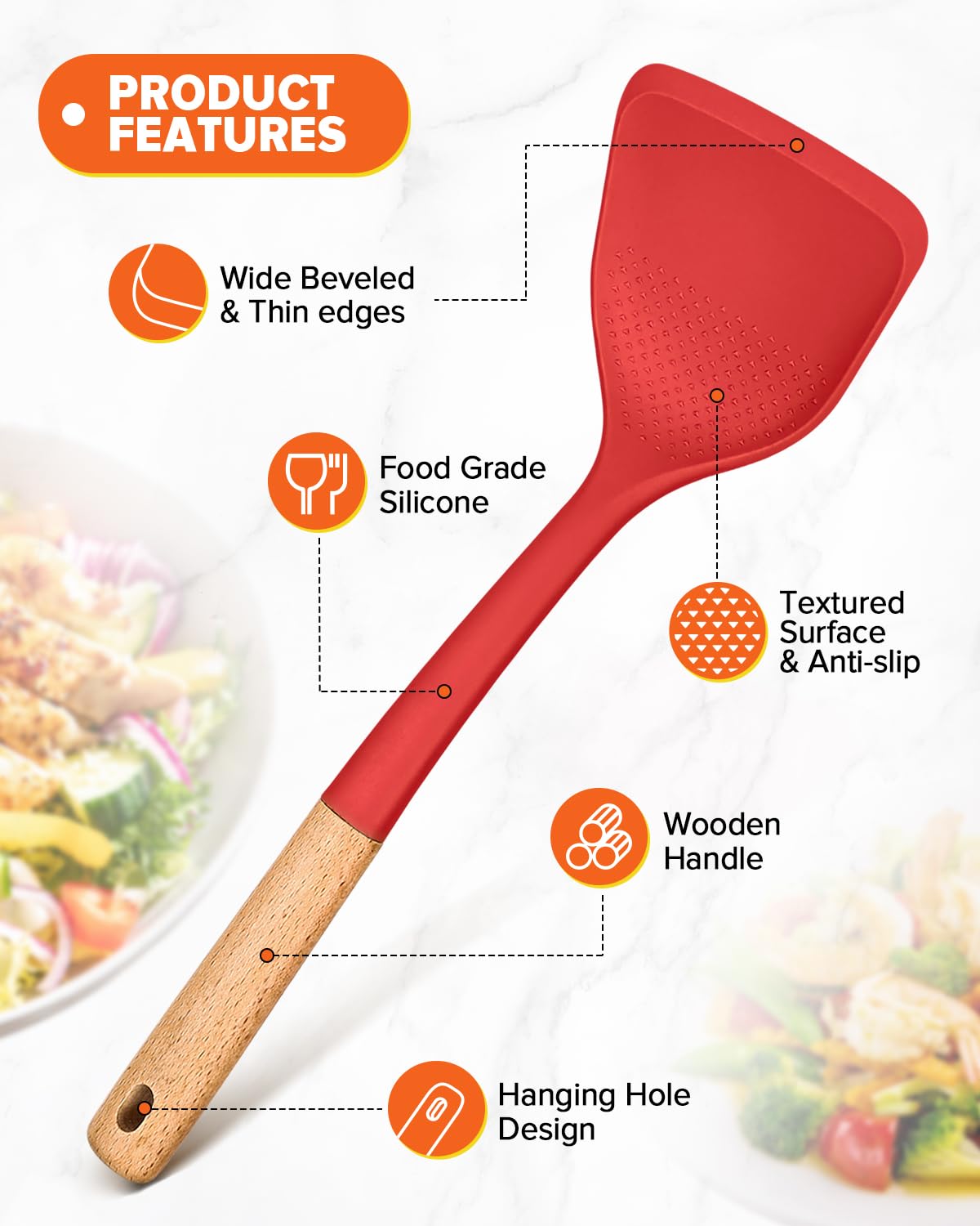 Juego de utensilios de cocina de silicona, perfectamente angulados para freír, mezclar, servir, escurrir, girar y agitar, silicona mate sin BPA, asas de madera, seguro para superficies de cocción