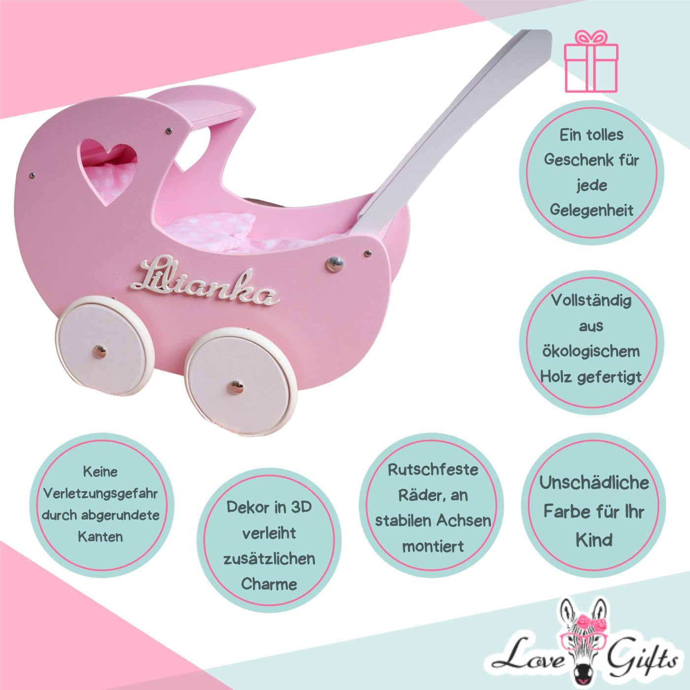 Love Gifts® Walker - Puppenwagen ab 1 Jahr | Lernlaufwagen für Kleinkinder | Lernlaufhilfe, Montessori-Spielzeug für Kleinkinder, Farbe Rosa