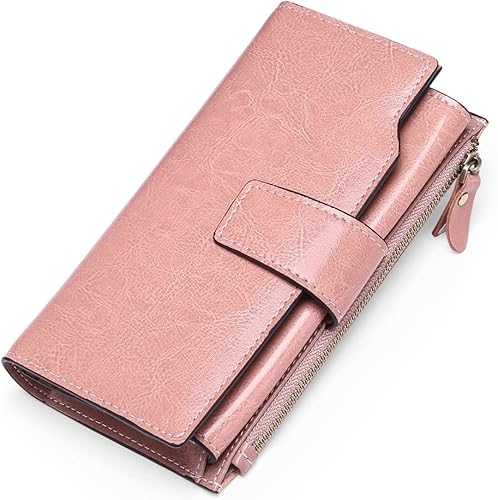 Miniatura 2 de Cartera larga de cuero real para mujer, con bloqueo RFID, tarjetero de débito de crédito, bolsillo con cremallera y caja de regalo, Rosado, Bifold