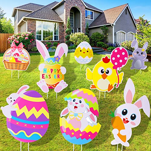 8 Stück Oster-Hofschilder Eierhase Huhn Outdoor Rasendekorationen mit Pfählen für Osterjagd, Spiel, Oster-Requisiten, Partyzubehör, Gartendekoration Cover