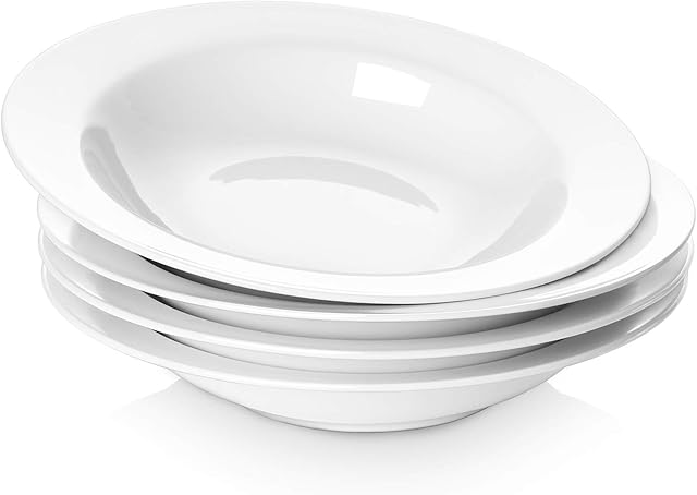 Y YHY Pasta Bowls and Plates,20 Ounces White Soup Bowl Set of 4, Porcelain Bowl Set for Eating, Microwave & Oven Safe