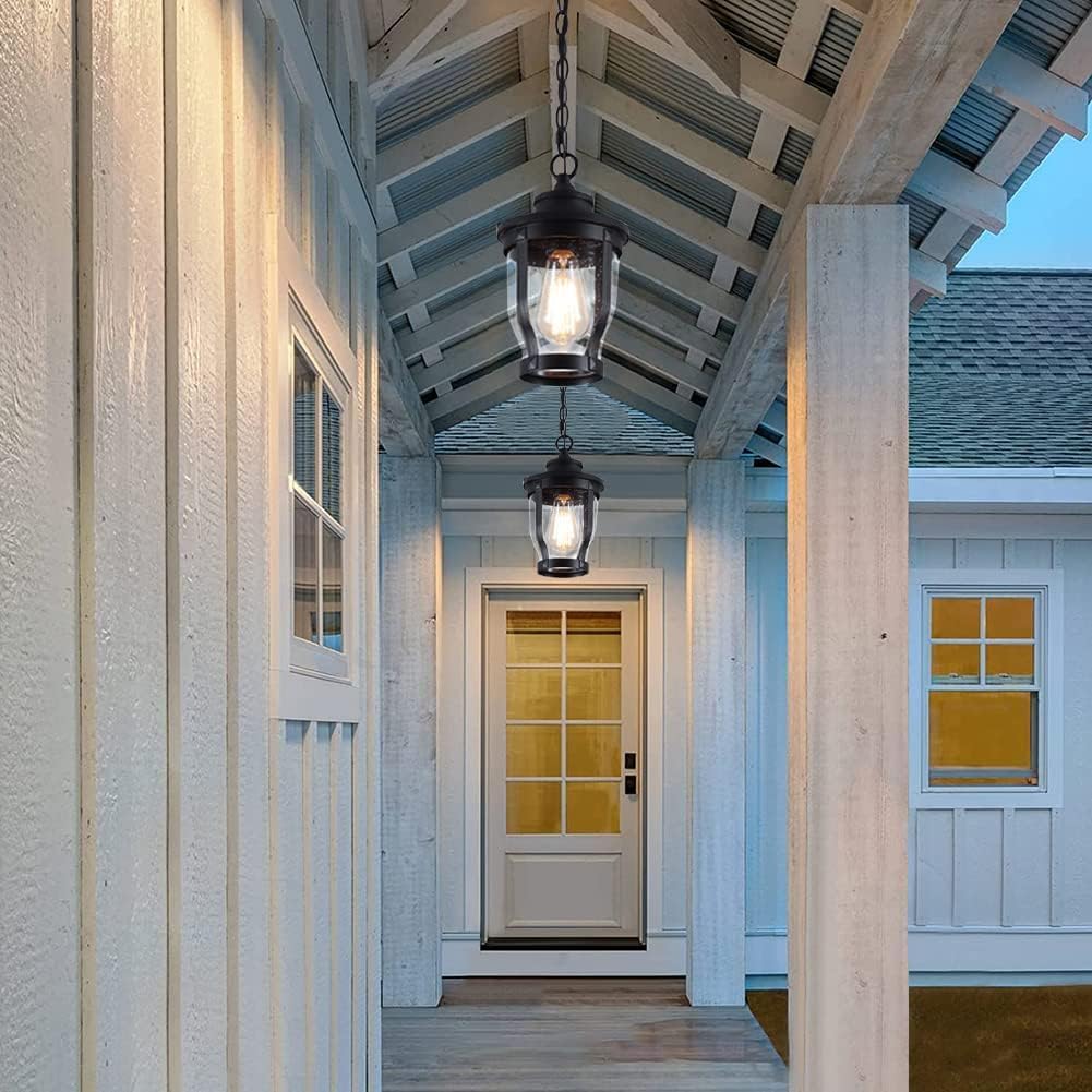 Home Decoration Outdoor Porch Pendant Lights with Glass Farmhouse Modern Black Hanging Lantern Ceiling Fixture Aluminum Small Outdoor Chandelier for Patio Door Hallway Gazebo