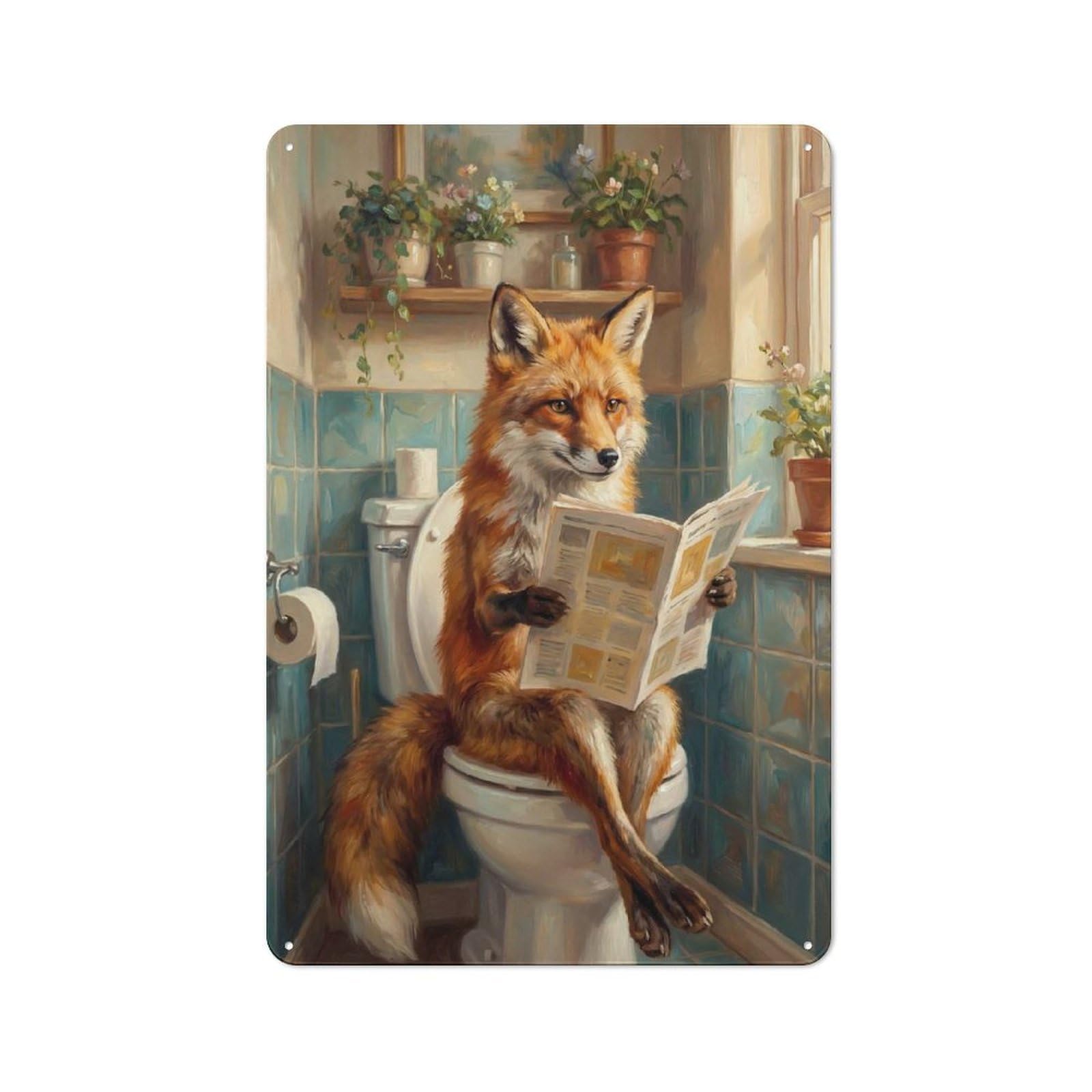 Junmoney Style-10 Vintage Vintage Metal Sign 30X20cm Featuring Fox Reading Newspaper On Toilet, Restaurant Wall Art For Takeaway, Bar, Kitchen Or Counter Area