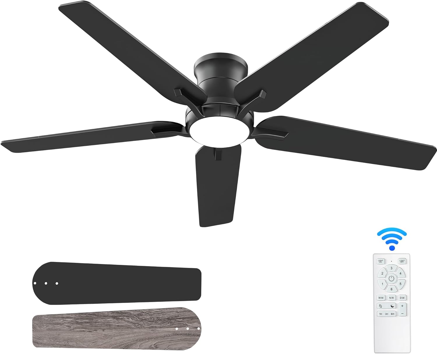 52 Inch Black Ceiling Fans With Lights and Remote, Flush Mount Low Profile Ceiling Fan for Bedroom, Living Room, Patio, Dimmable 6 Speeds Noiseless Reversible Black 52 Inch(incomplete)