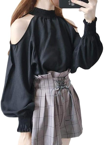 Amazon Shuming ブラウス レディース オフショルダー 長袖 トップス パフスリーブ ファッション カットソ ー肩出し かわいい プルオーバー セクシー おしゃれ 秋 Freesize黒 シャツ ブラウス 通販