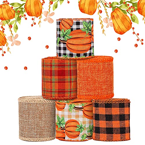 6 Rolls 30 Yards Fall Burlap Ribbon 2.5 Inch Wired Edge Ribbon with Buffalo Plaid and Pumpkin Pattern for Thanksgiving Crafts Wreaths Bows and Gift Wrapping