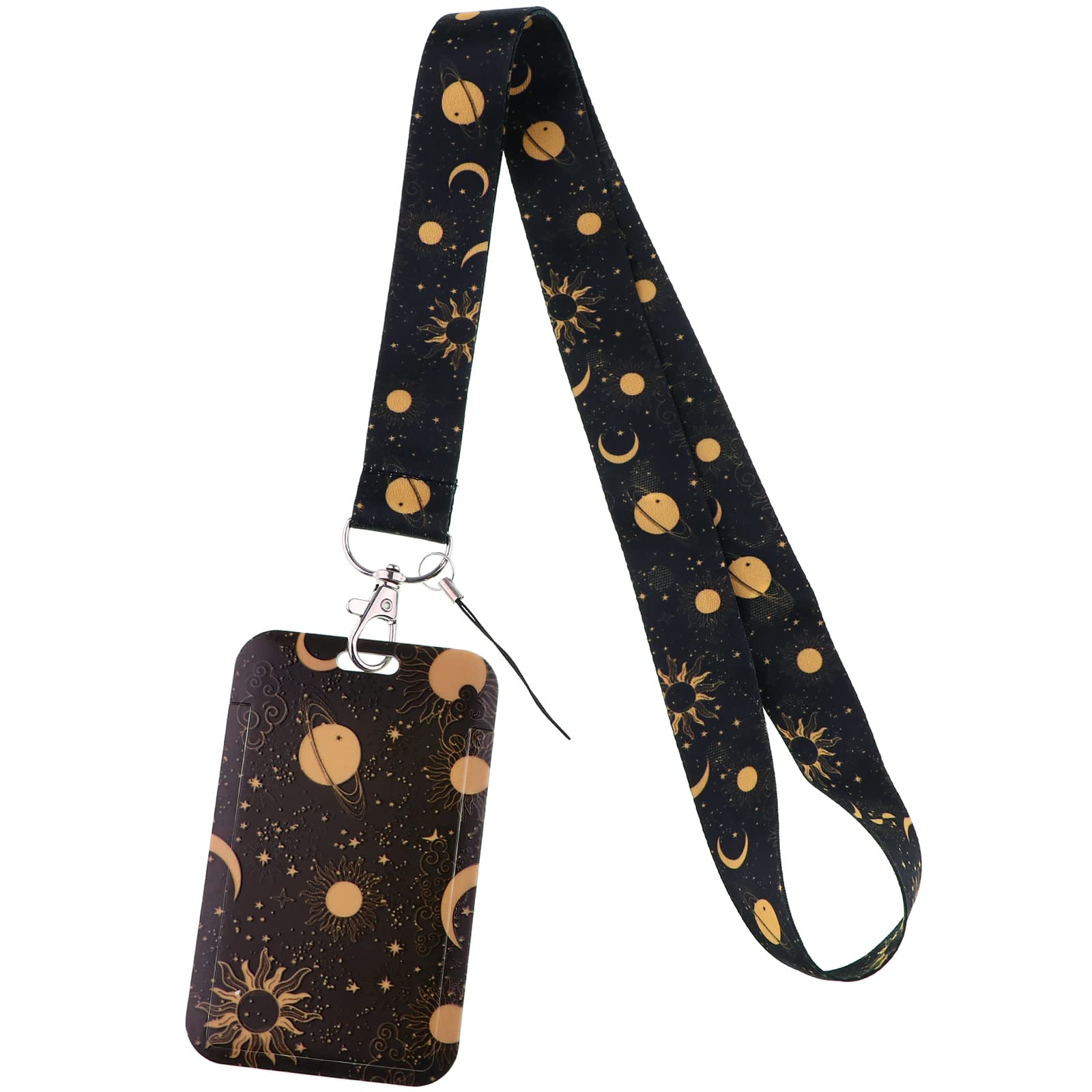 Sun Moon Lanyard with Badge Holder, Gold Planet, Long Neck Keychain ID Lanyard Strap with Clip