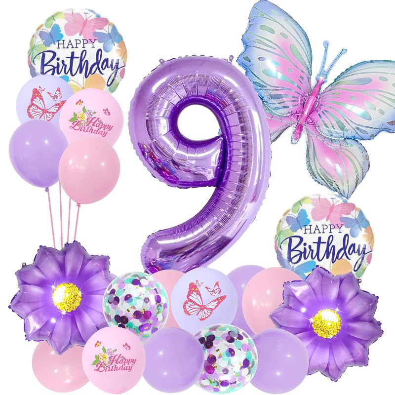 9th Butterfly Birthday Balloon Decorations，Butterfly Birthday Decorations for Girls 9th Theme Birthday Party Decoration Supplies (20Pcs purple 9)