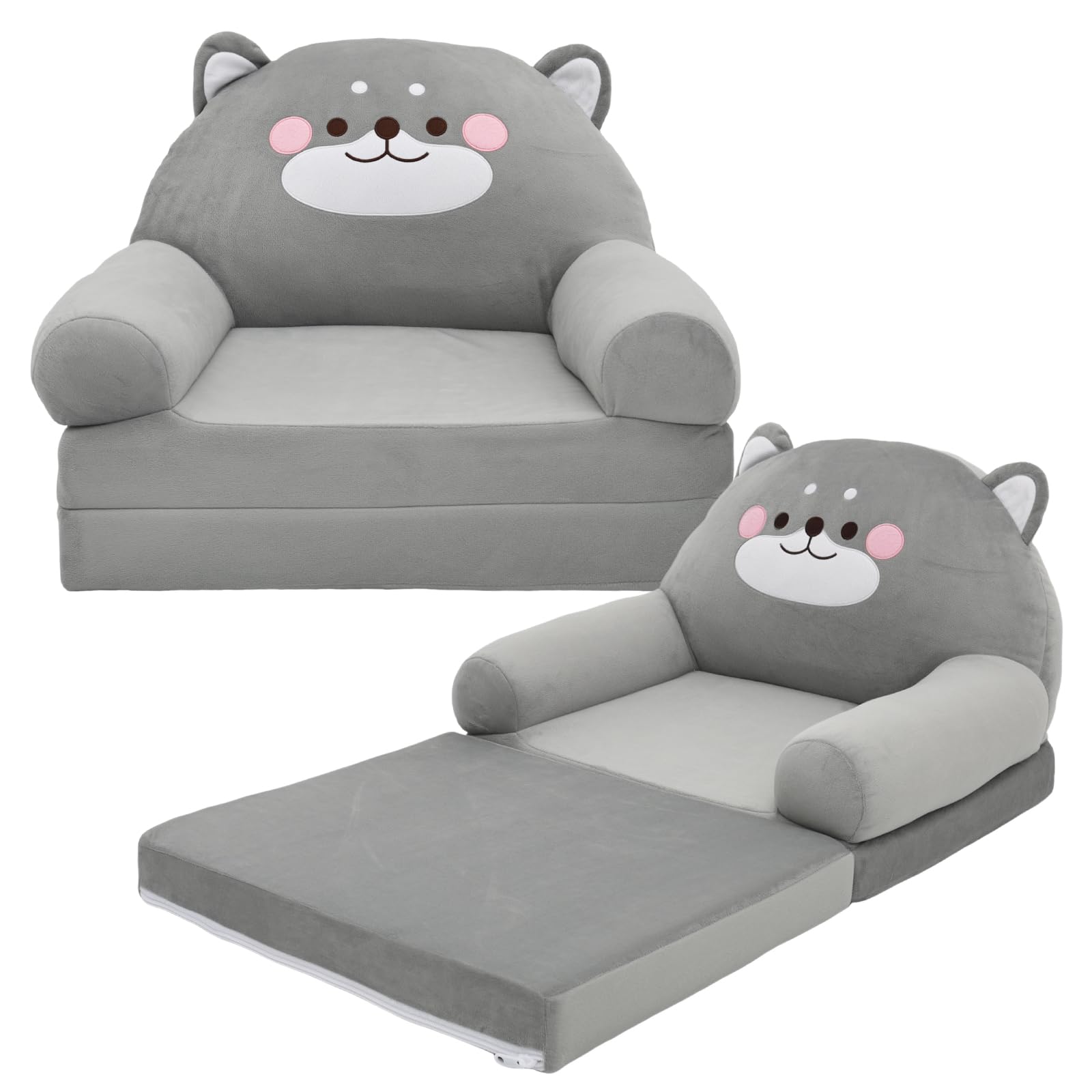 WAMEITF Kids Chair, Foldable Toddler Chair Comfy, Children Reading Armchair for 1 to 4 Years Old Kid, Convertible Sofa to Lounge, Foam Filled Kid Couch for Bedroom, Living Room, Camping(gray dog)