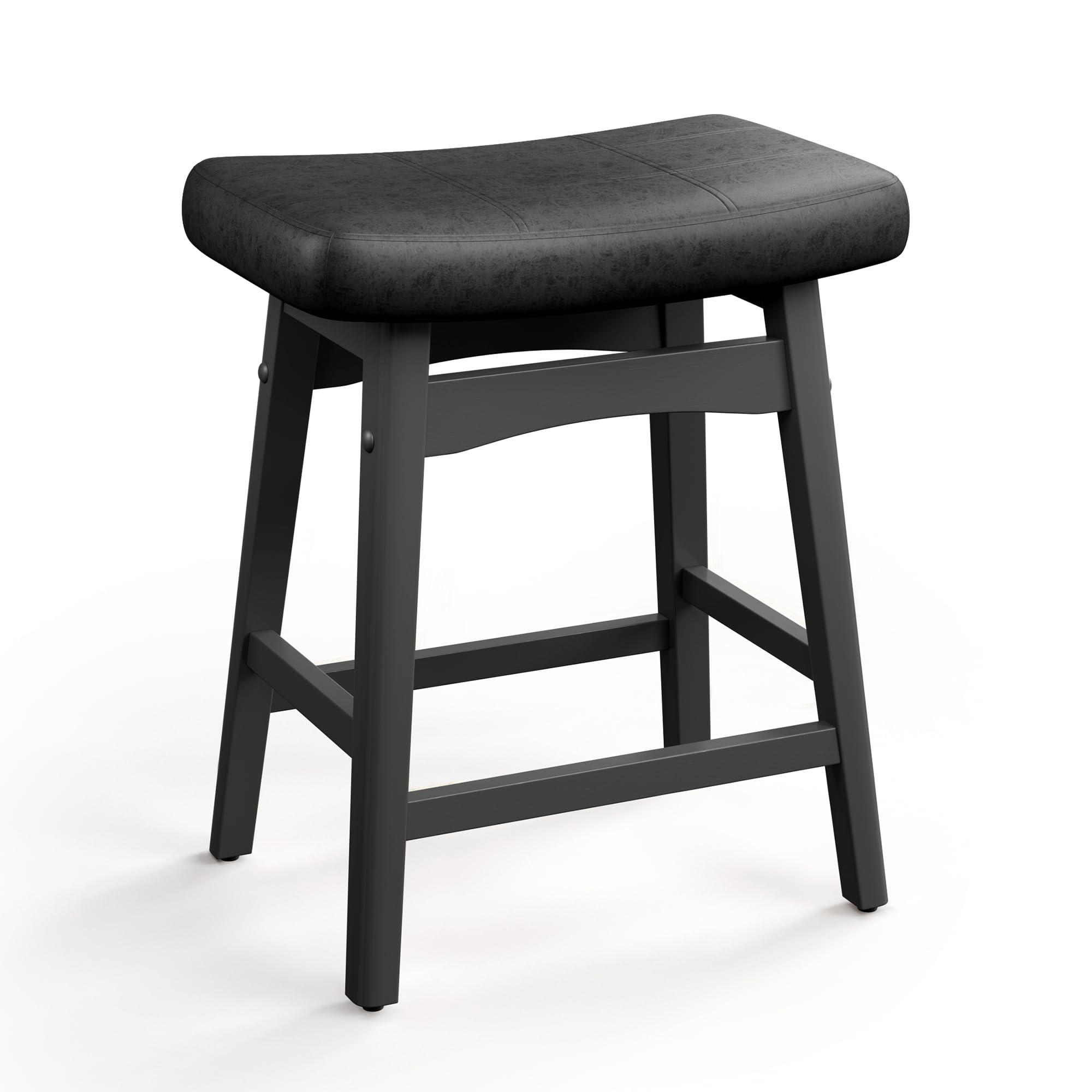 ALPHA HOME Bar Stool, Solid Wood Saddle Kitchen Stool with Black PU Leather Cushion Counter Height Barstool with Wooden Base for Kitchen Dining Cafe,
