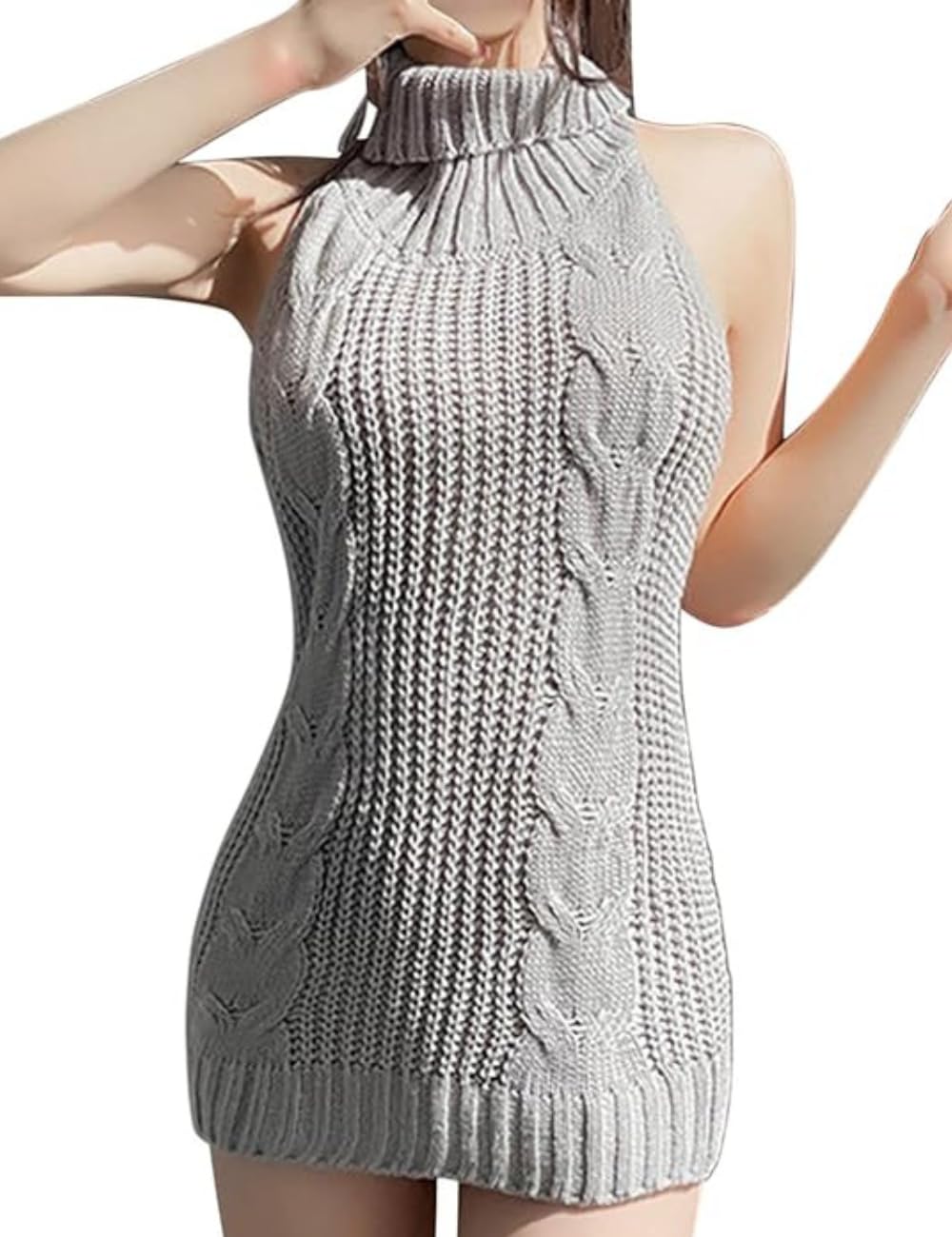 SNOMYRS Sexy Knitted Virgin Killer Sweater Lingerie One-Piece Knit Tank Top Vest Women Outfit Backless Turtleneck Dress Gray