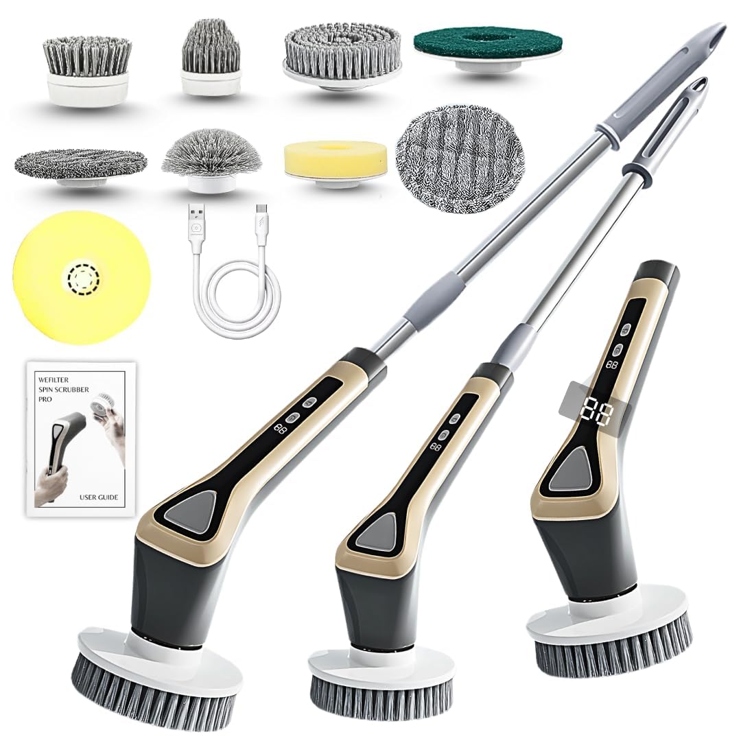 Royal Electric Spin Scrubber, 400 RPM Cleaning Brush with 7 Heads, 120-Min Battery, 3 Adjustable Lengths & 2 Speeds for Bathroom, Floor, Kitchen & Car – Grey