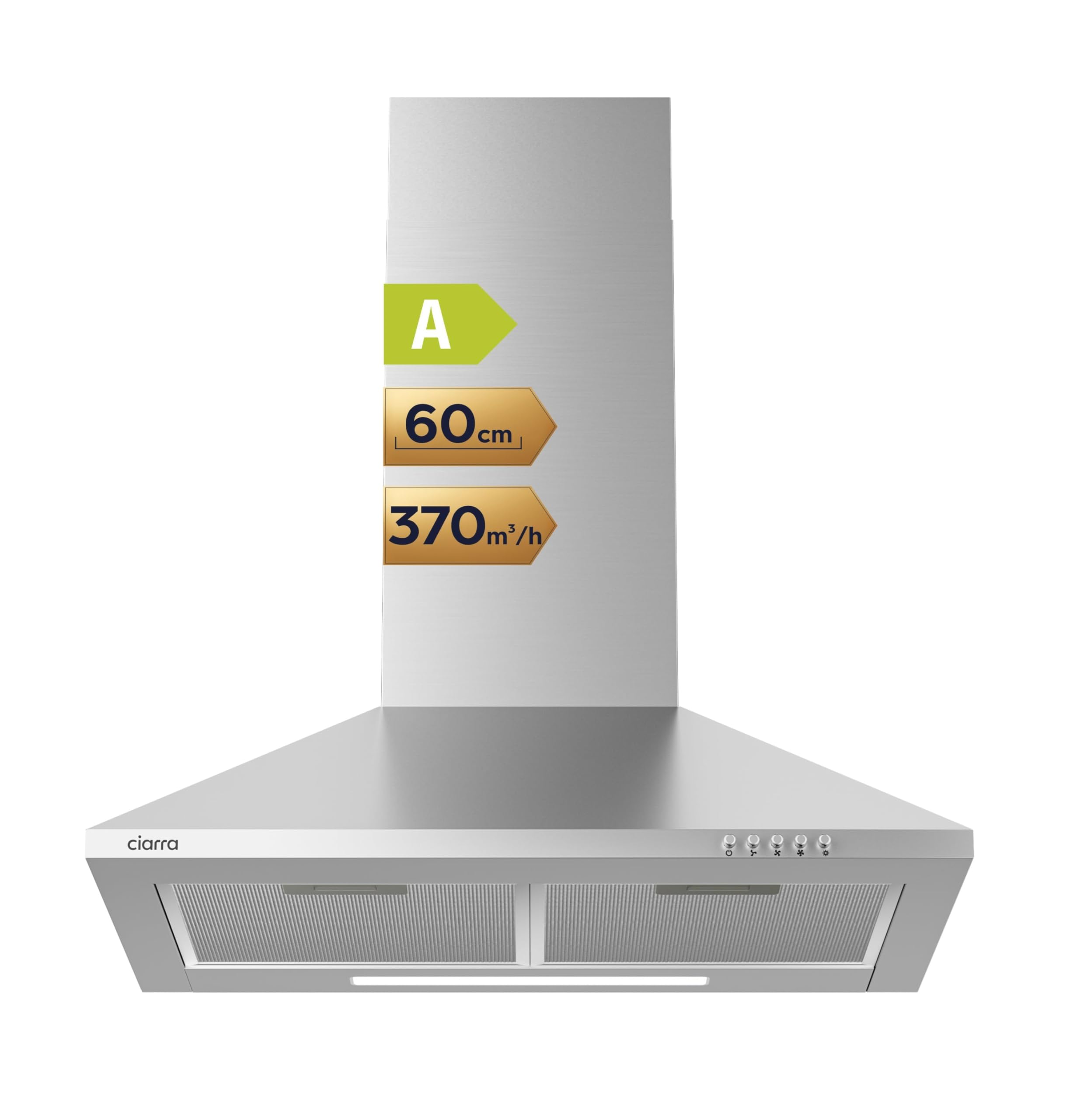 CIARRA CAS6201A Campana Extractor Cocina 60cm 370m³/h 40W Clase A - 3 Velocidades de Extracción -Luz LED - Acero Inoxidable