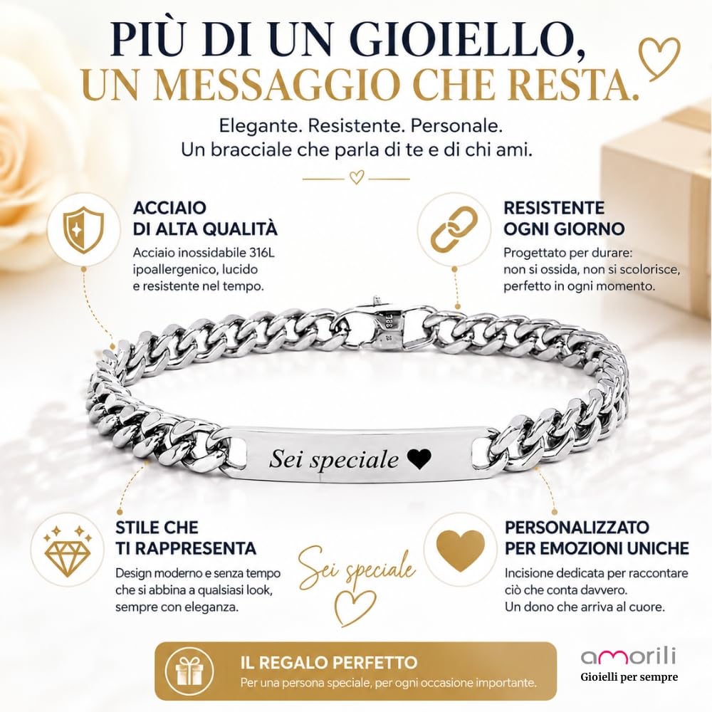 Bracciale Uomo Personalizzato con Incisione Acciaio Inox Maglia Cubana Grumetta – Braccialetto Catena Maschile con Nome Data Dedica – Design Elegante Regolabile – Idea Regalo Uomo bcc1031