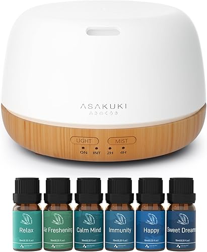 ASAKUKI Difusor de aceite esencial con mezcla de aceites esenciales, 10.1 fl oz, pequeño difusor de aroma lindo con luz LED de 7 colores disponible en Yaxa Peru