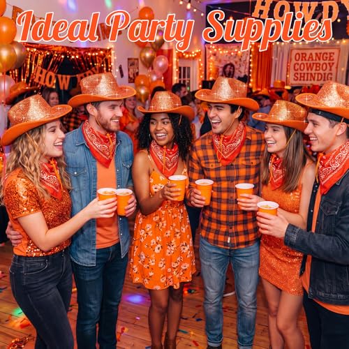 Image of Coume 12 Pcs Sparkly Adults Cowboy Hat and Bandanas Women Men Western Glitter Cowgirl Party Hats with Adjustable Drawstring