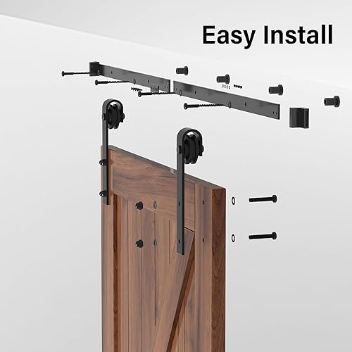 Miniatura 5 de WINSOON Puertas correderas dobles de granero de 15 x 84 pulgadas con kit de herrajes para puerta de granero de 6 pies y asa, guía de suelo, pestillo