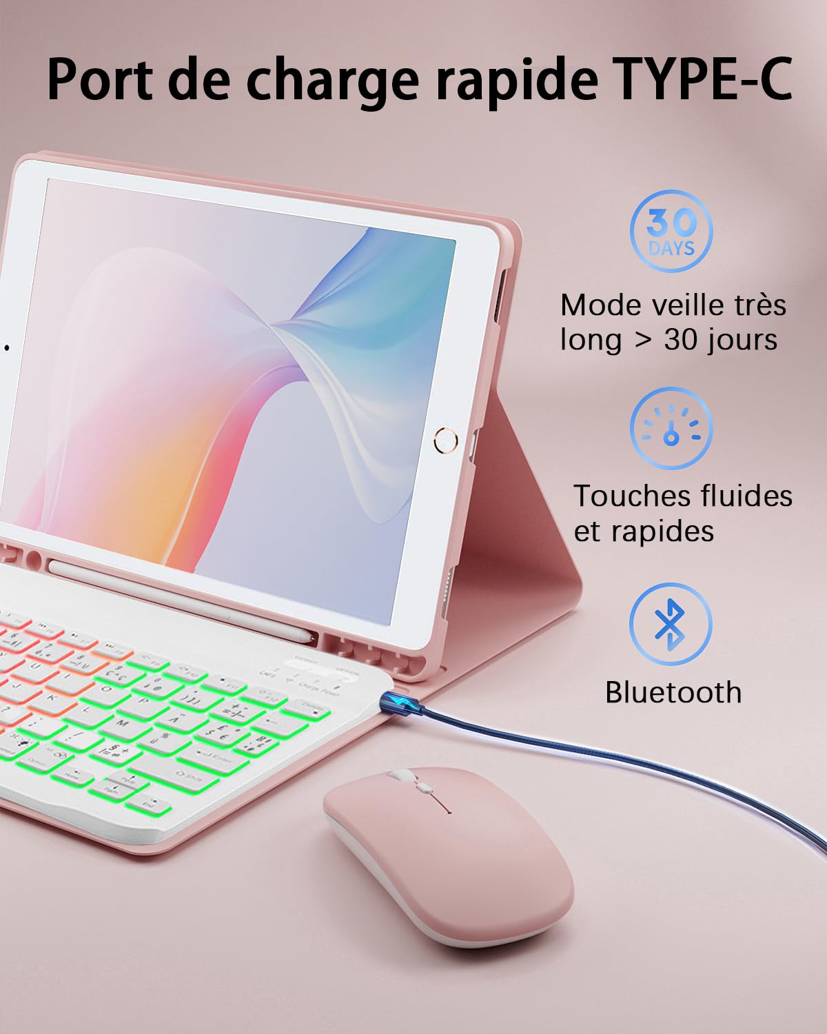 pour iPad 9ème/8ème/7ème Generation(9e/2021 8e/2020 7e/2019)10.2 Pouces/iPad Air 3ème/IPad Pro 10.5 Pouces Coque Étui avec Bluetooth Français(AZERTY)Clavier Rétroéclairé Souris Backlight Keyboard Case