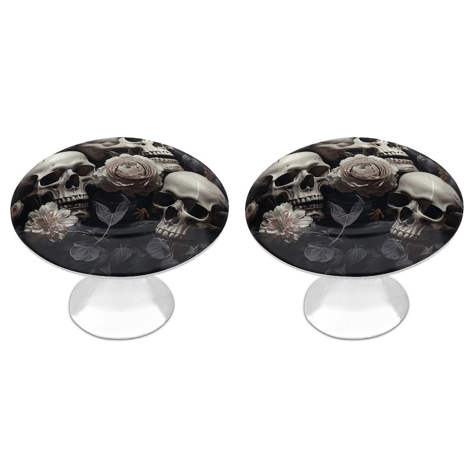 DWVTSLH Black and White Flowers and Skull Cabinet Handles 2 Pack Stainless Steel Kitchen Drawer Pulls with Installation Screws Round Dresser Drawer Knobs 1.1 Inch Modern Cabinet Hardware Door Handles