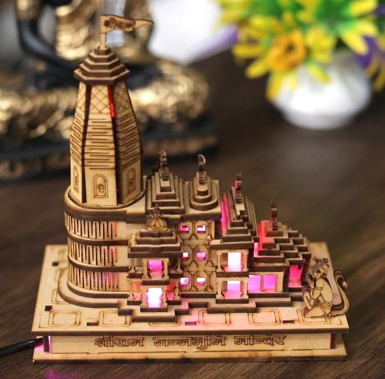 Image of mosey Ram Mandir Ayodhya Model Wwth Light | Sri Ram Janmabhoomi Wooden Temple With Led Light | Rammandir Wood 3D Model | Shri Ram Mandir 3D Wood Temple | Size 4 Inches