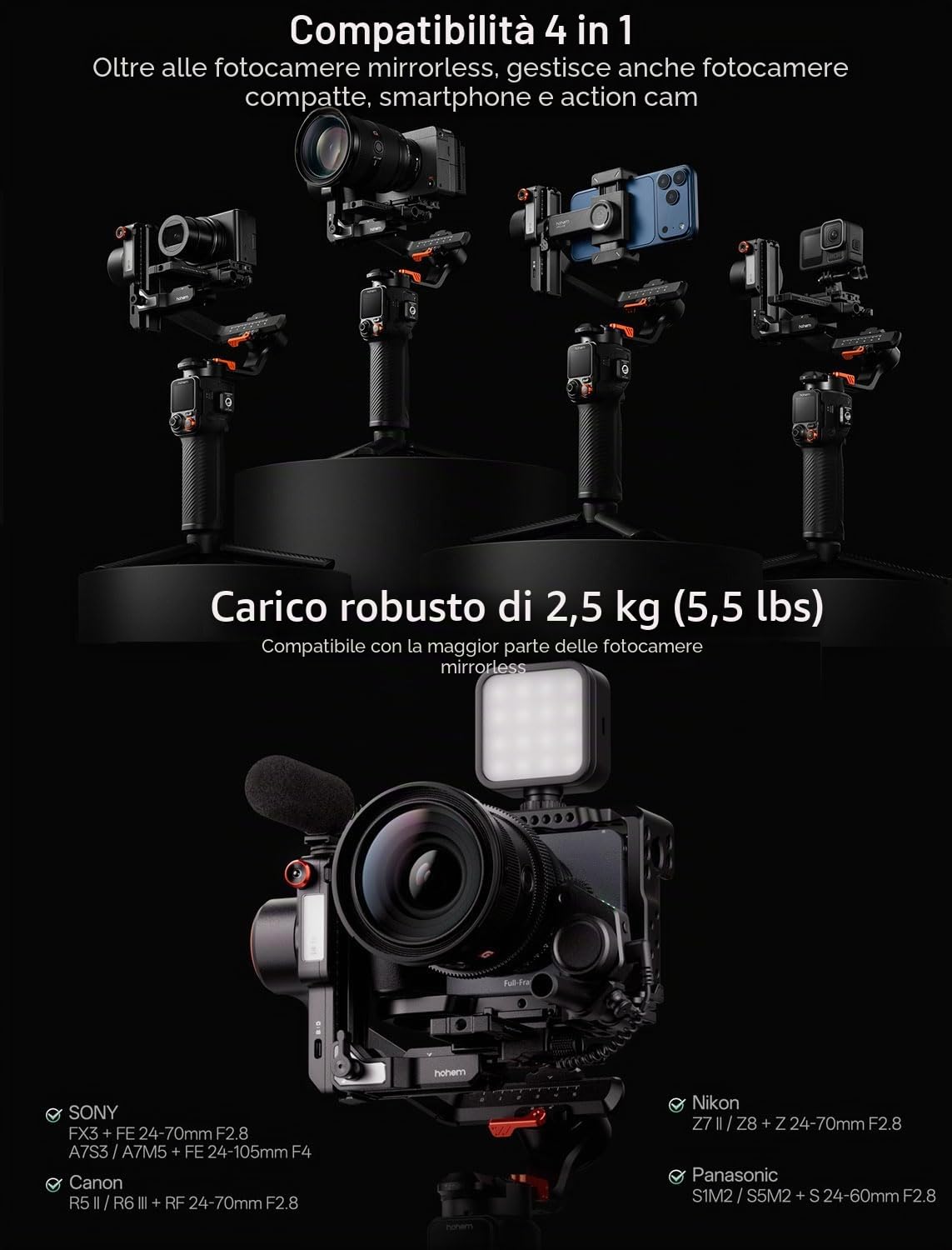 hohem iSteady MT3 PRO Stabilizzatore fotocamera per Canon Sony Panasonic Nikon Fujifilm GoPro Smartphone, Carico Utile di 5,51 LBS, Gimbal con tracciamento AI, Telecomando Rimovibile