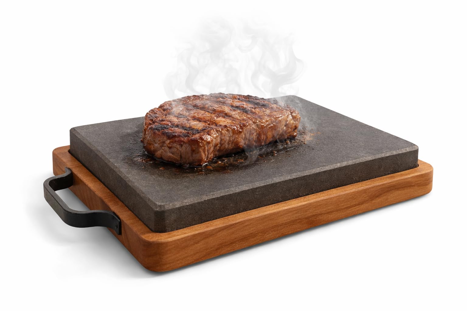 Plaque de Cuisson en Lave Naturelle 27 x 18 cm avec Plateau en Bois – Pierre Chaude pour Steak, Viande et grillades – Service à Table avec poignées – Noir & Marron – Kalu Creations