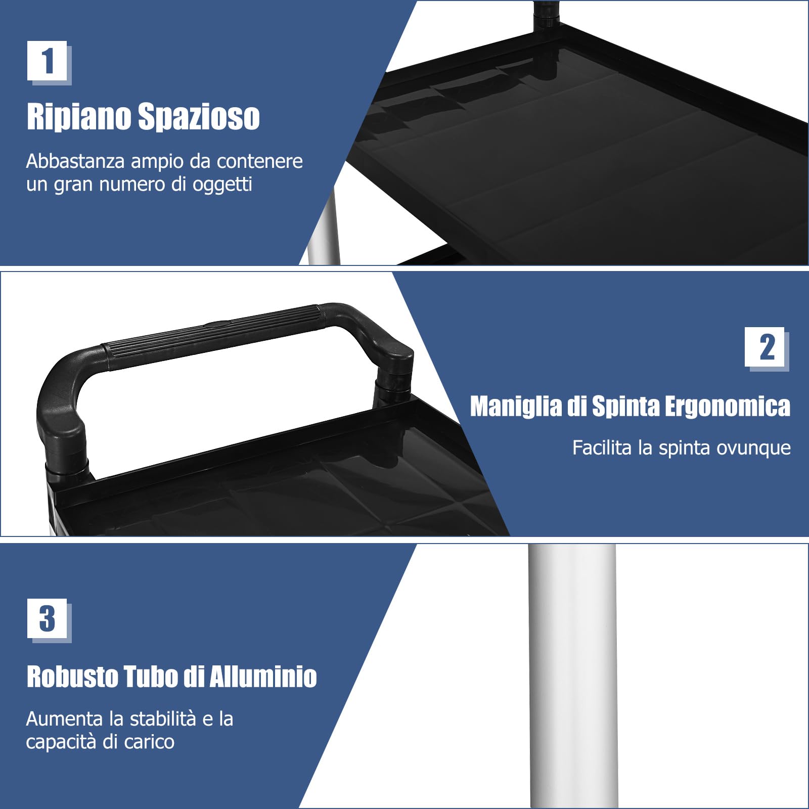 COSTWAY Carrello di Servizio a 3 Ripiani, Carrello Multiuso con Maniglie Ampio Spazio e Ruote Flessibili con Freni, Adatto a Ufficio Ristorante Casa Officina, 103x49x98 cm