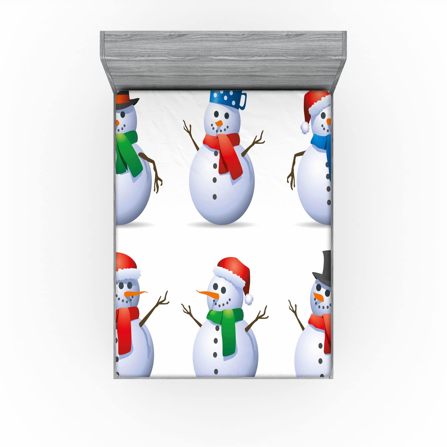 Ambesonne Christmas 2 Pack Fitted Sheet, Snowmen with Hats, Bed Cover All-Round Elastic Deep Pockets 2 Pieces, Package Contains 2 King Size Fitted Sheets, Pale Ceil Blue