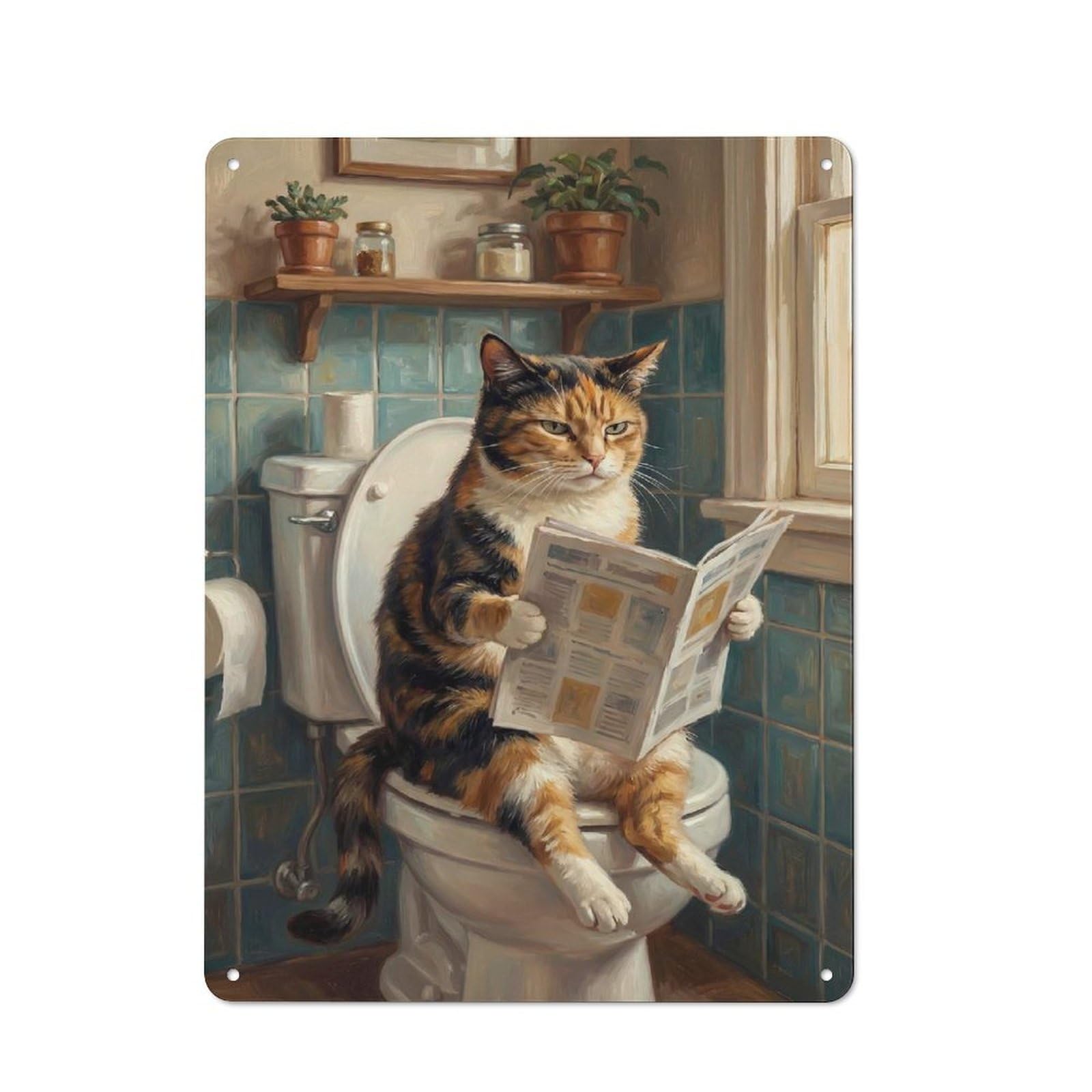Junmoney Style-17 Kitchen Metal Sign With Calico Cat Reading Newspaper On Toilet Design 40X30cm, Cosy Kitchen Wall Decor For Coffee Bar, Kitchen, Bistro Or Tea Corner