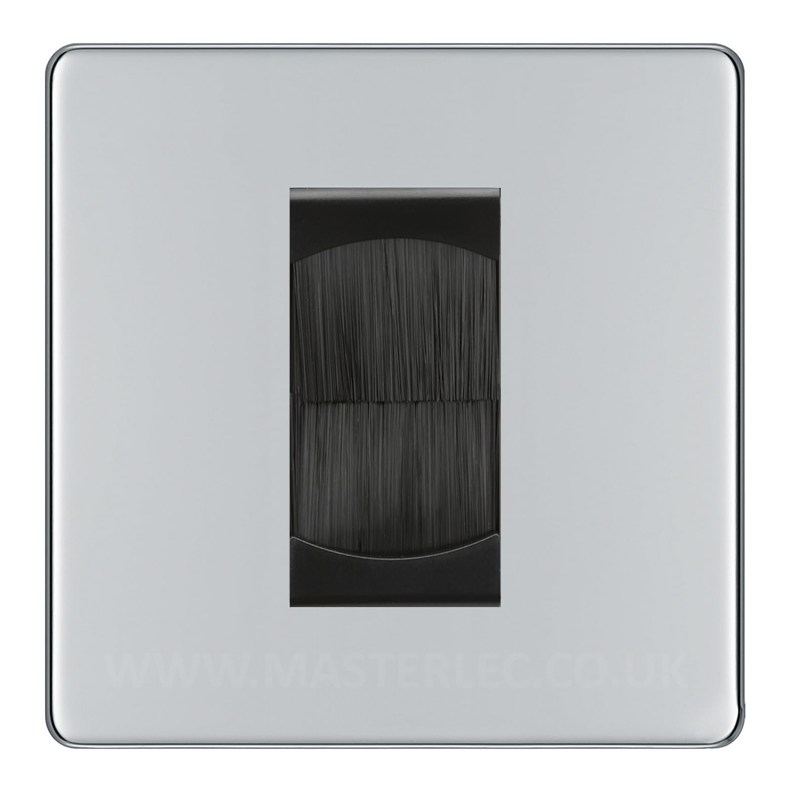 BG Screwless Polished Chrome Single 1 Gang Brush Cable Entry Wall Plate Black Insert Square