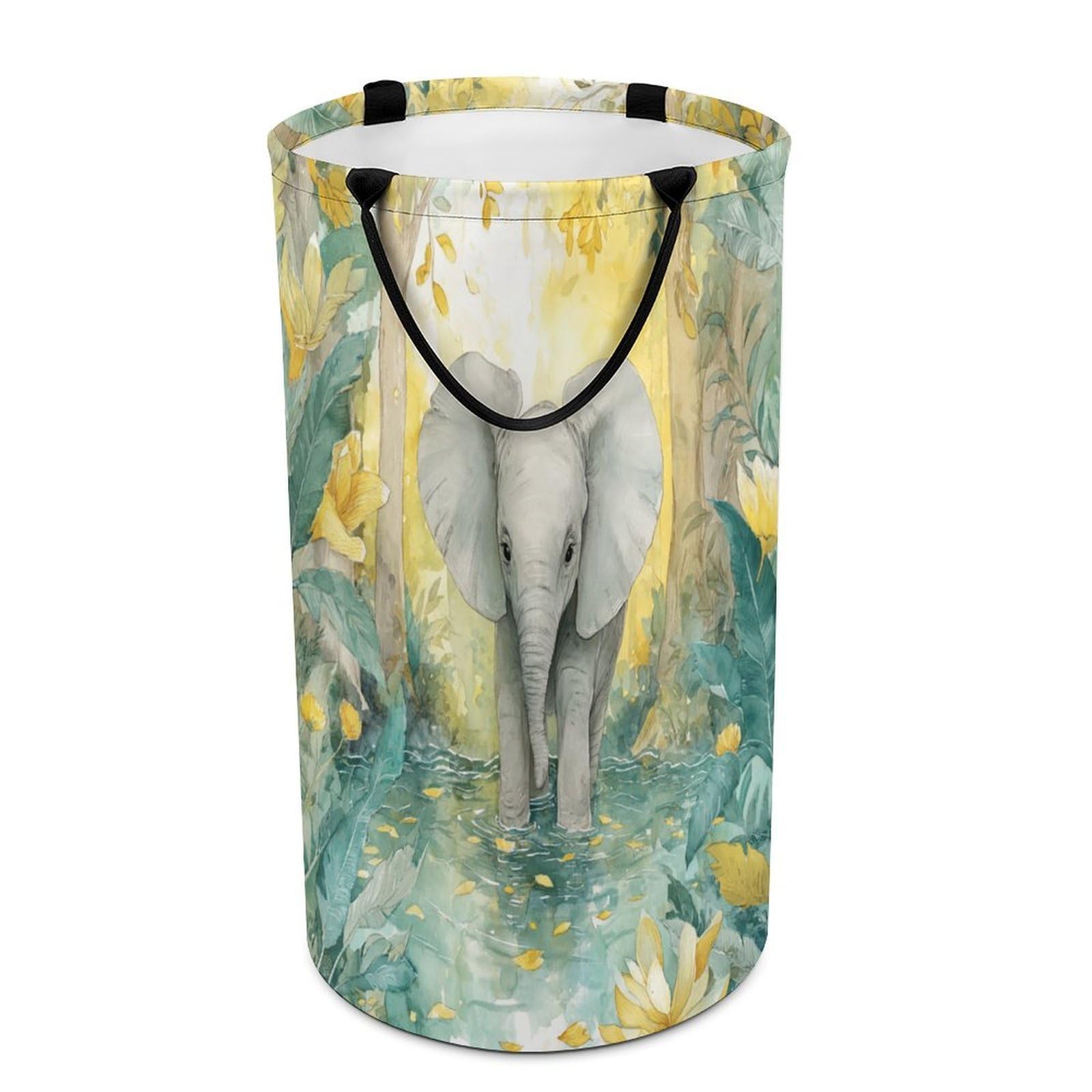 LUYYSKY Fantasy Watercolor Baby Elephant Collapsible Dirty Clothes Basket, Colorful Classic Tropical Jungle Animal Elephant Floral Portable Clothes Storage Basket