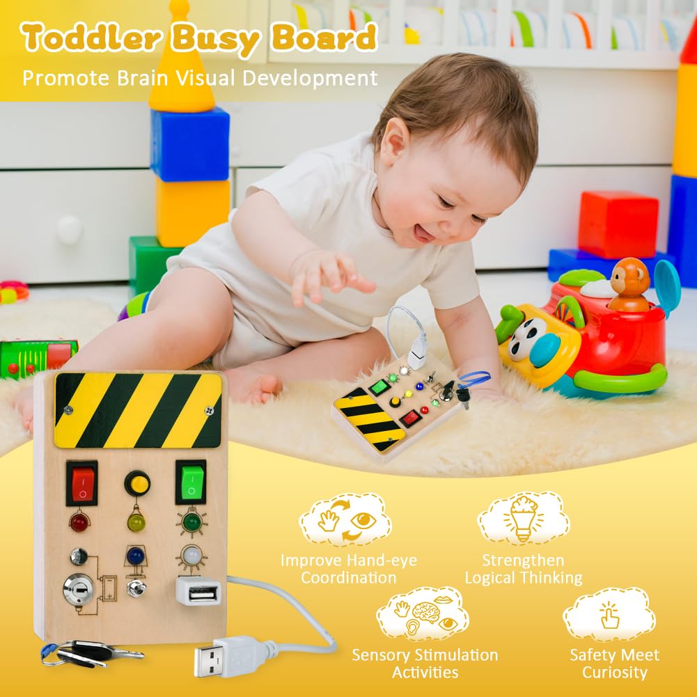 Aomig Montessori Busy Board z włącznikiem światła LED, drewniana tablica podróżna dla małych dzieci, zabawki sensoryczne do treningu, myślenia i zdolności poznawczych, zamek