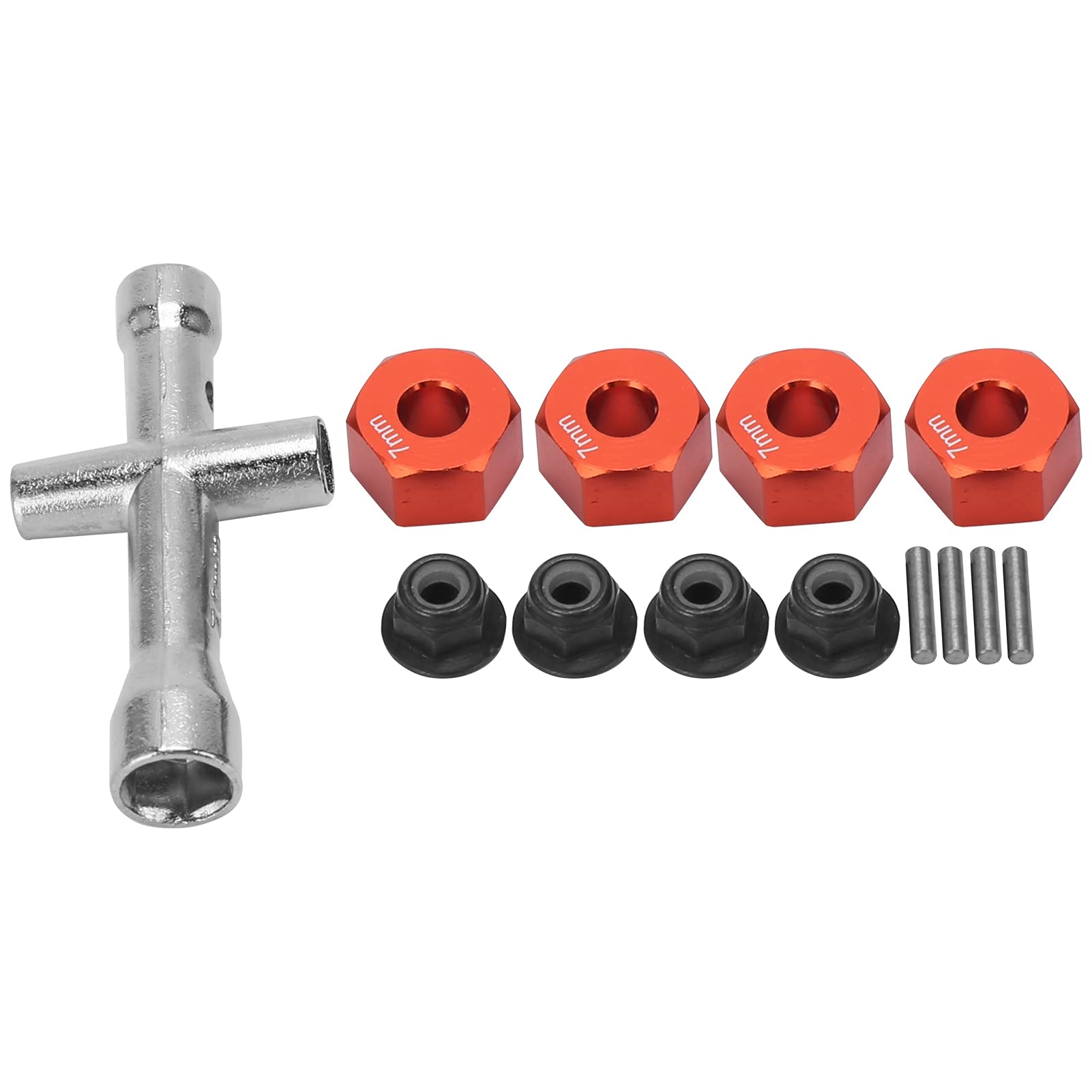 12mm Wheel Hex Hub Adapter Set 7mm Thick Non-slip Flange Lock Nuts Wrench Pins Kit Fiting for 1/10 Remote Control Model Car (Red)