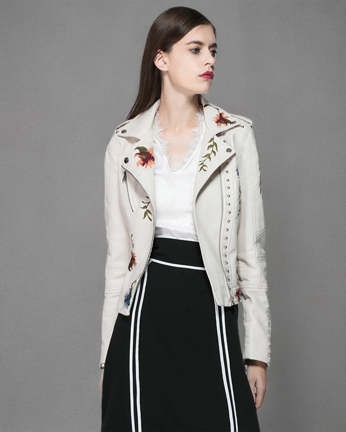 LY VAREY LIN Women's Floral Embroidered Faux Leather Moto PU Jacket Coat - Image 7