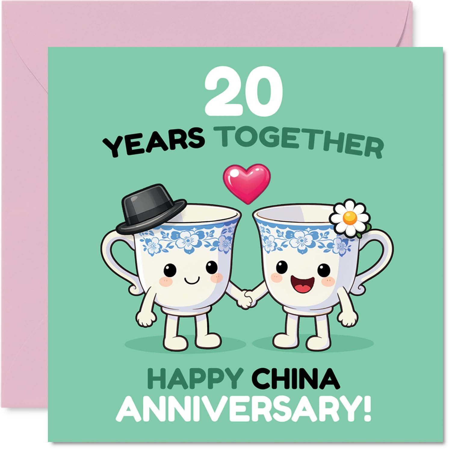 Playful 20th Anniversary Card - Playful Cheers to Two Decades - Cute Cups Holding Hands with a Bright, Cheerful Design - 145mm Square, Envelope Included